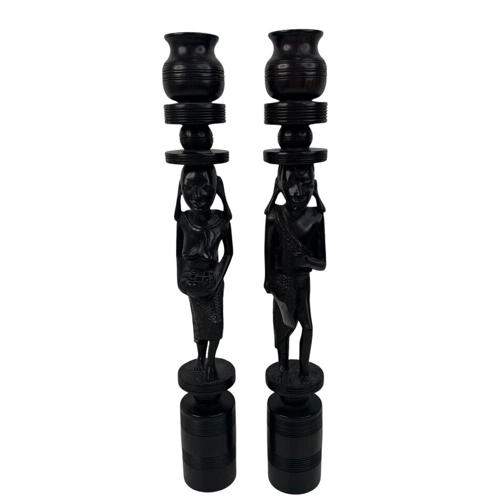 Pair of Vintage African Hand Carved Iron Wood Figural Sculptures Candle Sticks
